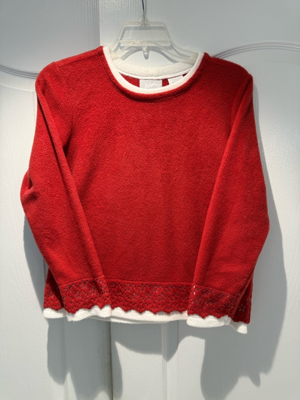 Blair Red Crewneck Sweater with White Trim and Lace Hem